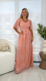 7022 Smocked  top lace maxi dress