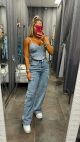 8811 Denim top and cargo pants set