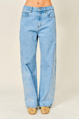 6045 Side embroidered wide denim pants