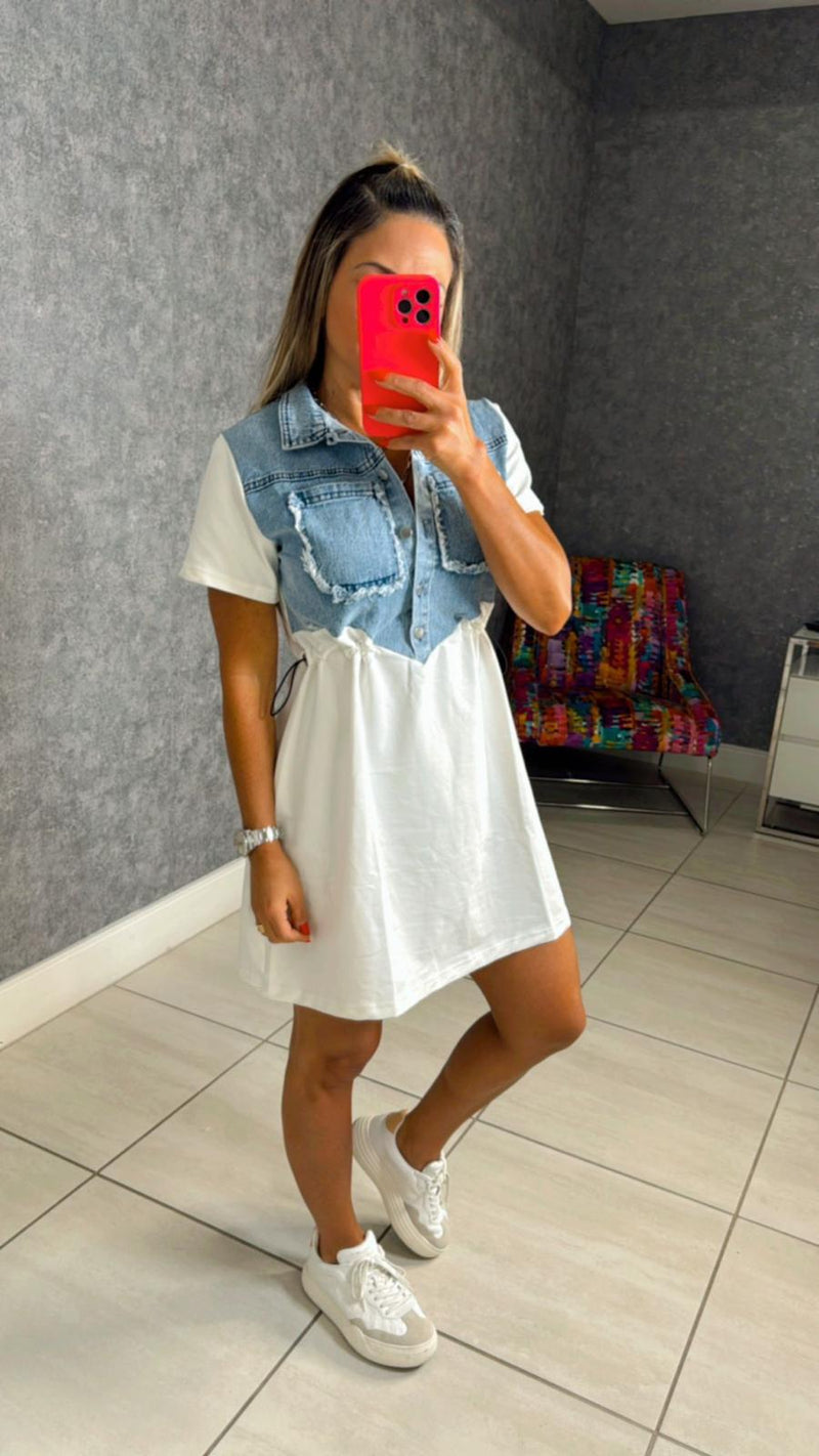 2229 Contrast denim and cotton mini dress