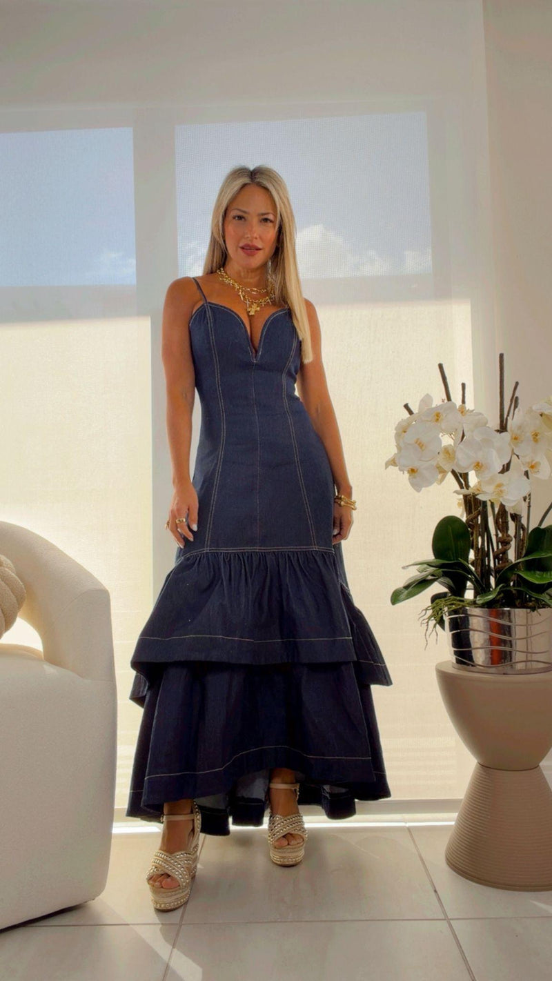 1846 Denim midi dress double layer ruffled