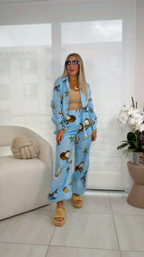 0952 Beach print blouse and pants set