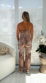 0908 Strapless cargo jumpsuit