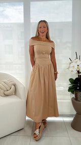 5231 Basque waist off shoulder dress
