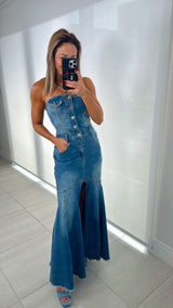 4143 Strapless denim mermaid dress with buttons