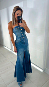 4143 Strapless denim mermaid dress with buttons