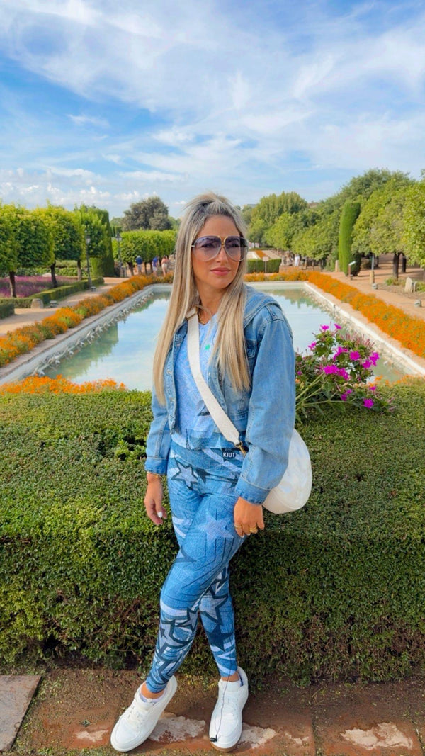 1701 Denim star printed top and leggings set KIUT