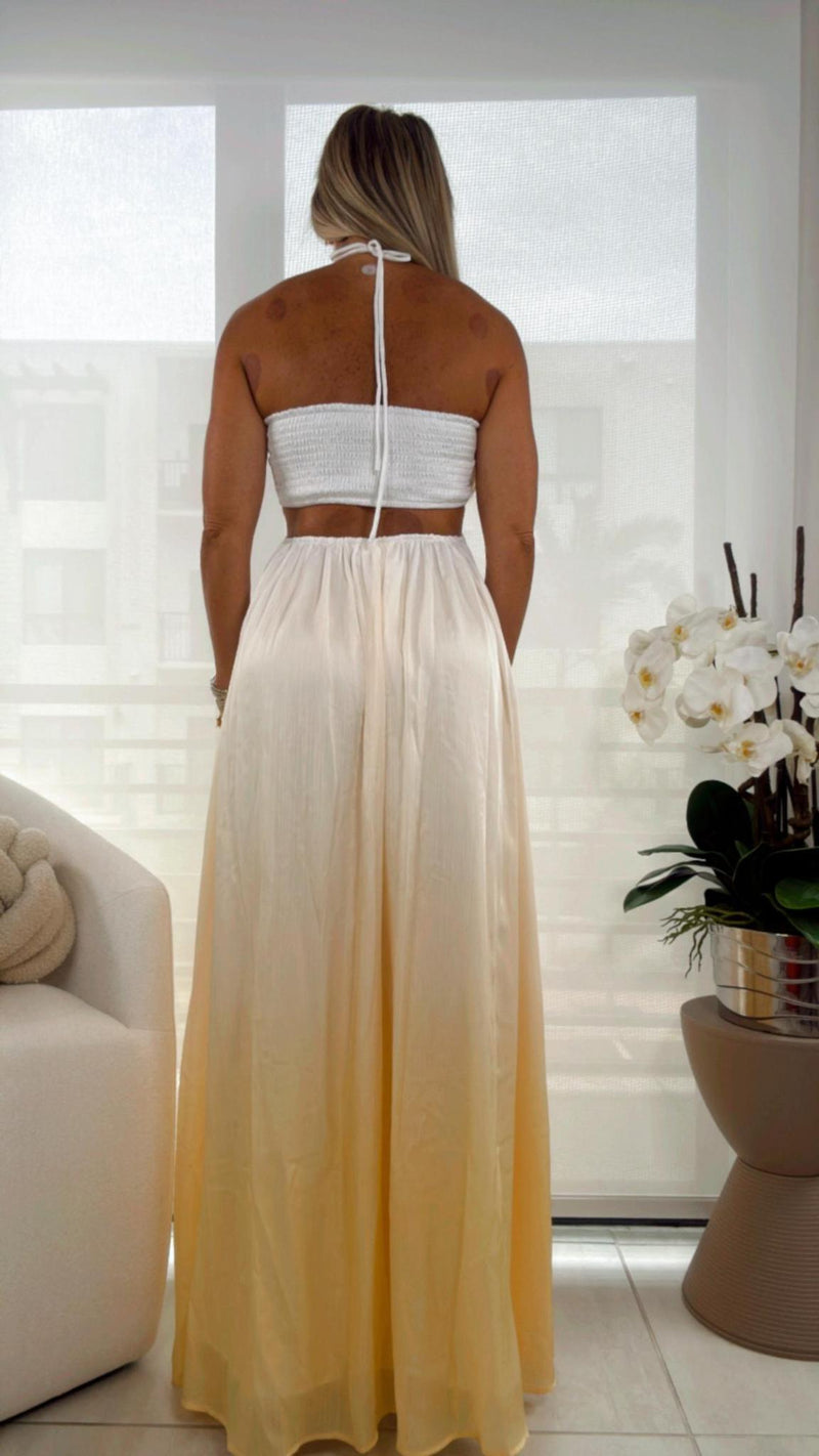 0025 Sunrise ombre halter neck maxi dress
