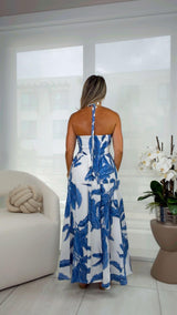 3583 Palm print halter maxi dress
