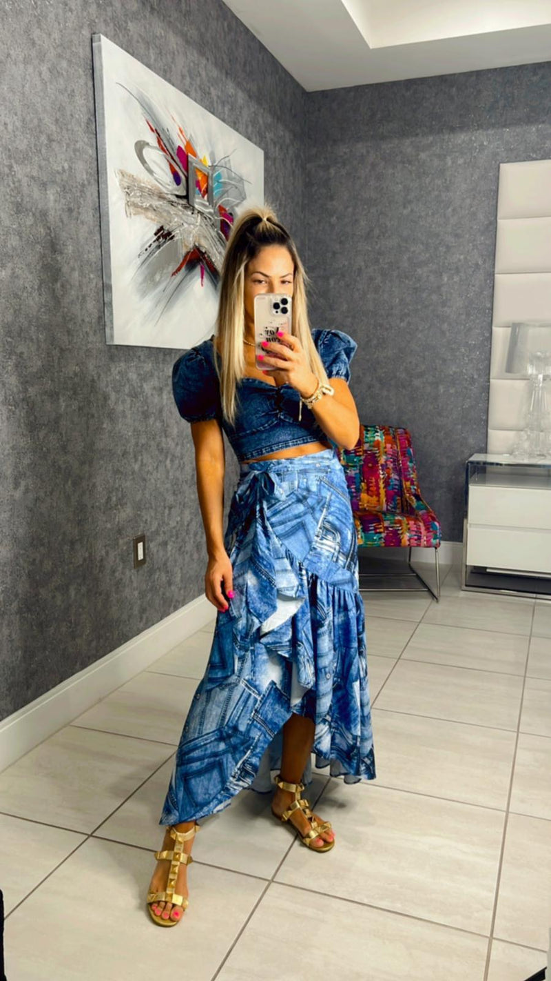 1050 Print denim wrap skirt with flounce