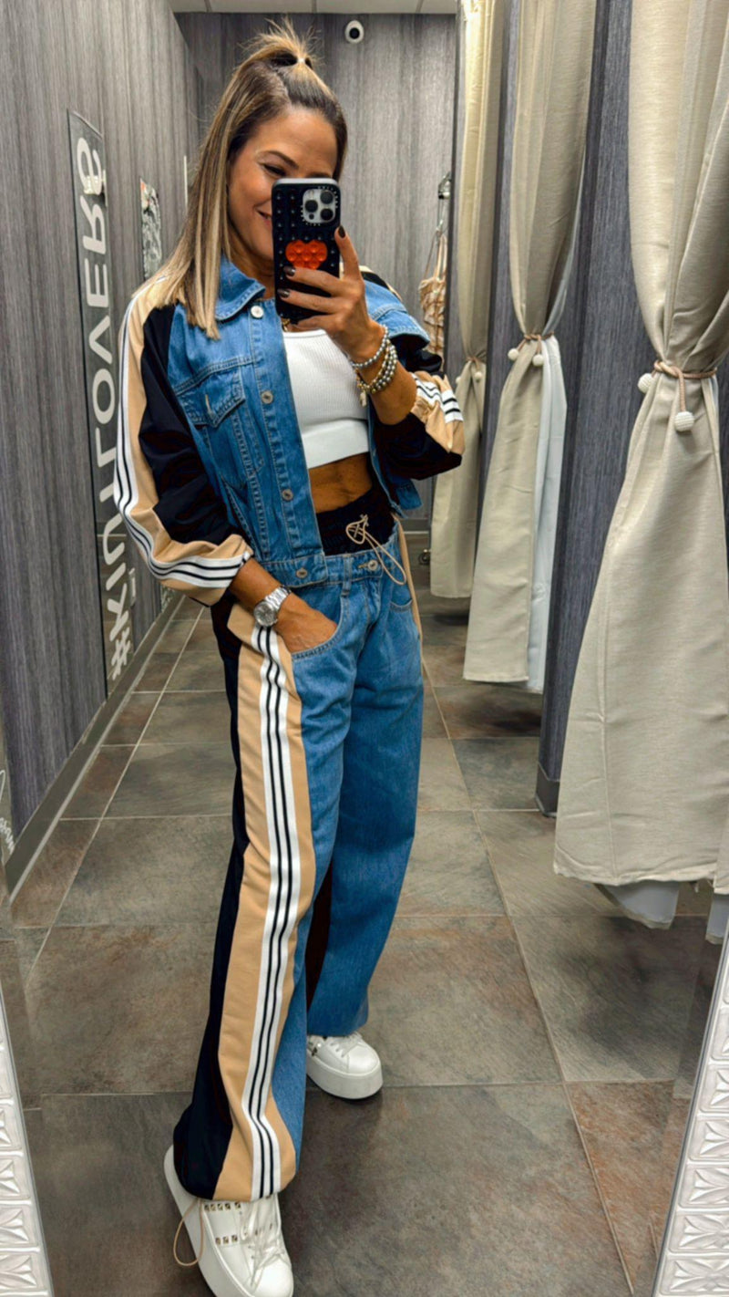 0010 Contrast denim jacket and pants set with line sides