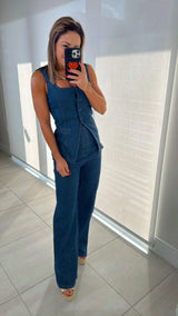 6026 Denim square neck top and high rise pants set