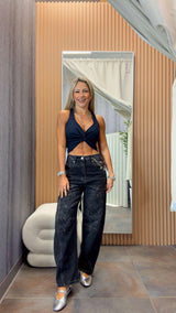 5114 Embroidered detail barrel pants