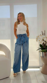 1830 Washed denim pants with paper bag waist