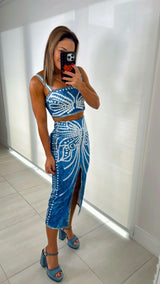 6002 Printed denim top and skirt set