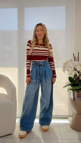 1830 Washed denim pants with paper bag waist