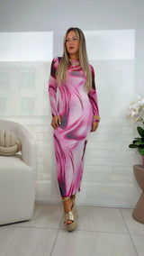 0350 Long sleeve mesh midi dress