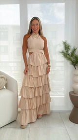 6054 Halter neck ruffle long dress