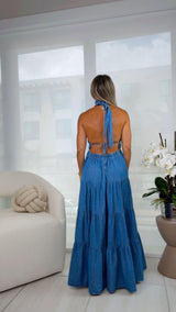2149 Denim midi dress with halter neck