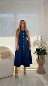 3596 Button down denim midi dress