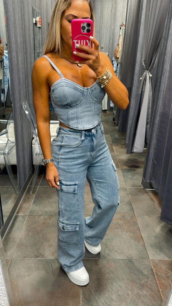 8811 Denim top and cargo pants set