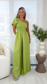 7265 One shoulder smocked top woven jumpsuit