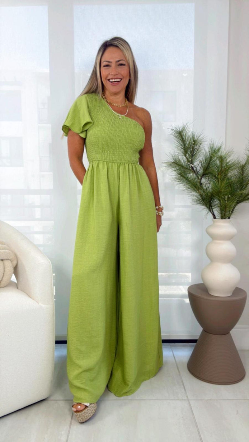 7265 One shoulder smocked top woven jumpsuit