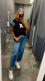 2414 Baggy fit panel fray hem jeans