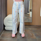 5087 Striped and embroidery flowers pants