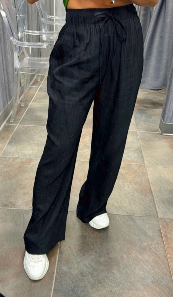 RA01 Tie waist linen blend wide leg pants