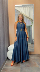 3399 Denim halter neck maxi dress