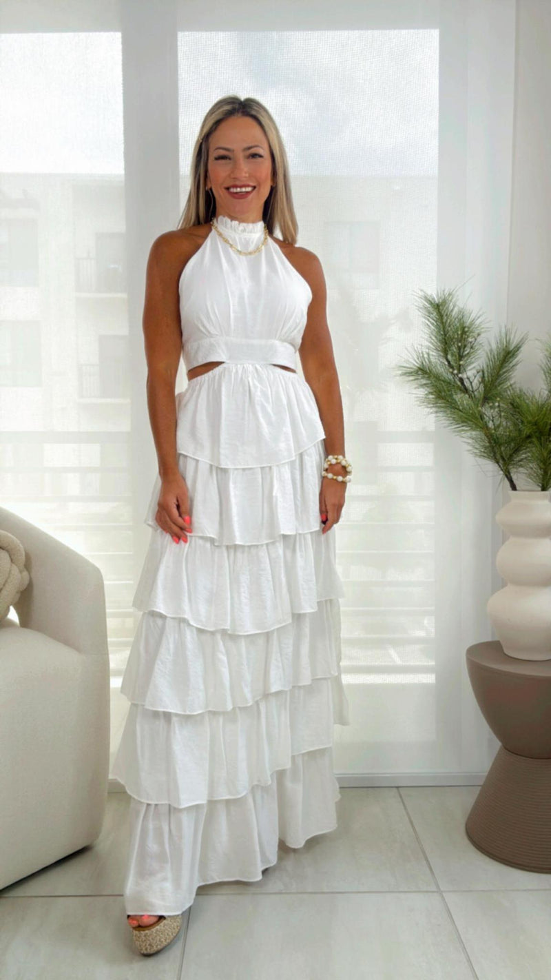 6054 Halter neck ruffle long dress