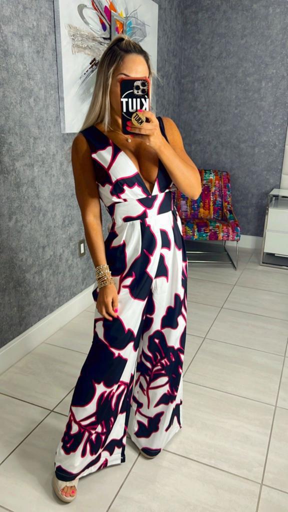 9127 V-neck printed jumpsuit