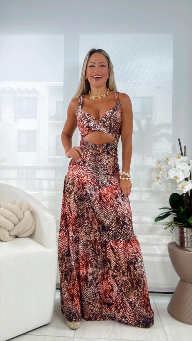 1608 Snake print open front maxi dress