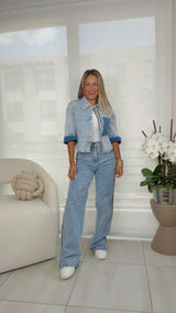 1102 Shiny detail denim top and pants set