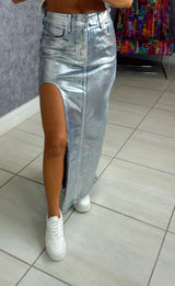 0194 Open side foil effect denim skirt