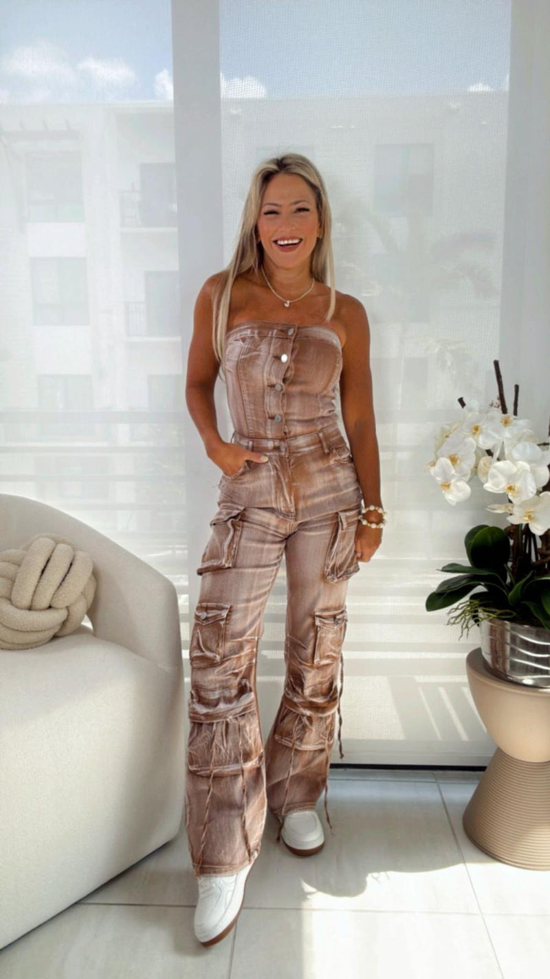 0908 Strapless cargo jumpsuit