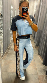 1161 Denim and leopard print top an pant set