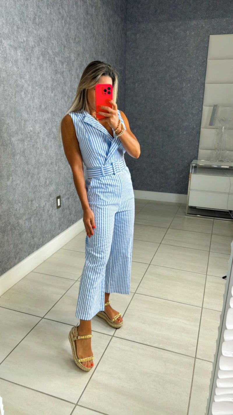 8932 Striped belted jumpsuit with pockets