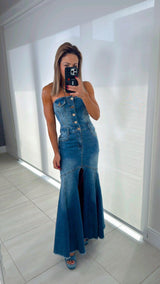 4143 Strapless denim mermaid dress with buttons