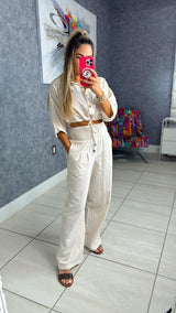 0974 Button down top & high waisted pant set