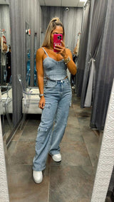 8811 Denim top and cargo pants set