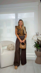 6168 Tartan plaid top and wide leg pants set