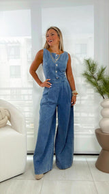1623 Washed denim jumpsuit with wide neckline