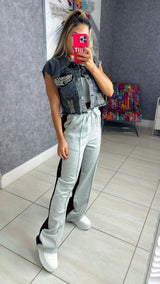 0153 Cotton and denim pants with elastic waistband