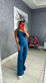 8433 Washed denim jumpsuit with V-neckline