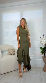 I094 Asymmetric knit midi dress