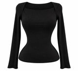 7839 Ribbed slash neck long sleeve top