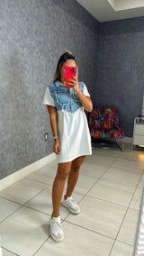 2229 Contrast denim and cotton mini dress