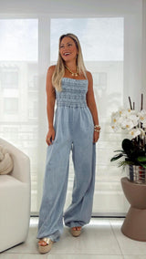 1057 Denim bubble pants tube jumpsuit